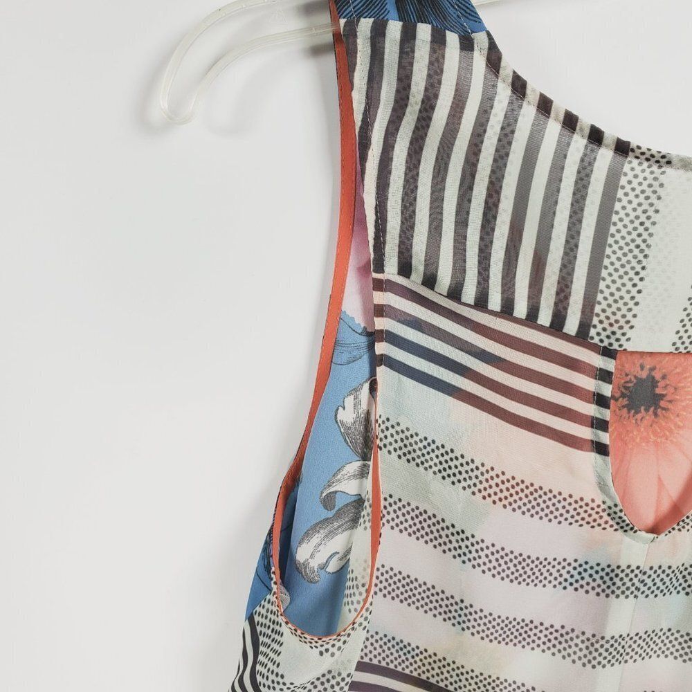 Sleeveless High-Low Flowy Top With Bold Florals and B&W Stripes Sz M - Picture 6 of 11